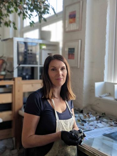 Louise Davies RE printmaker in her studio