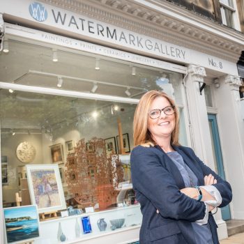 Liz Hawkes outside Watermark Gallery