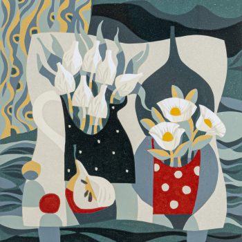 Cherry and Waves, linocut by Jane Walker ARE