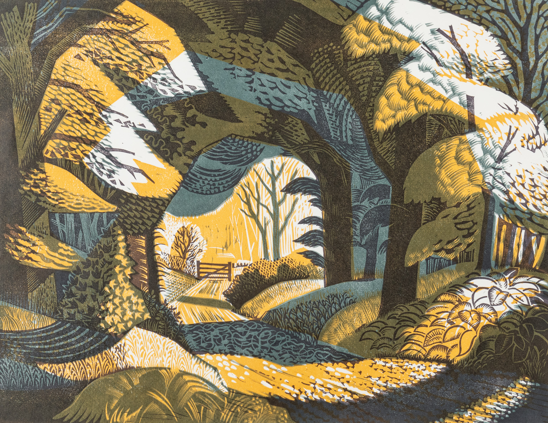 Woodland Path, linocut by Norman C Jacques.