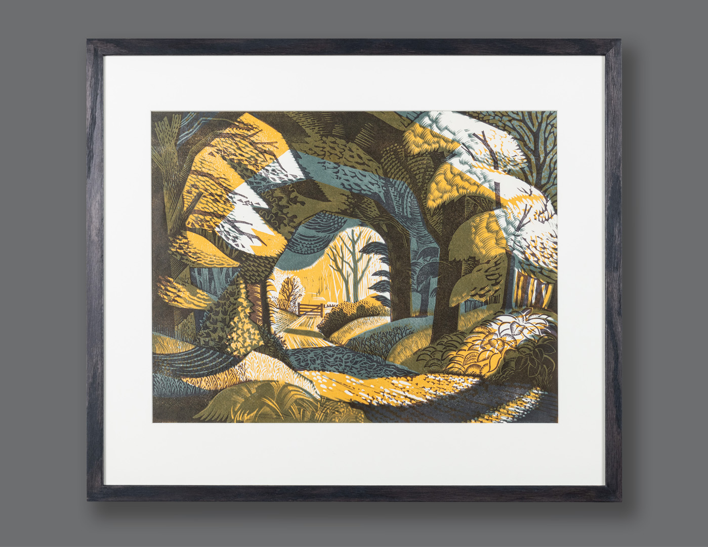 Woodland Path, linocut by Norman C Jacques, framed