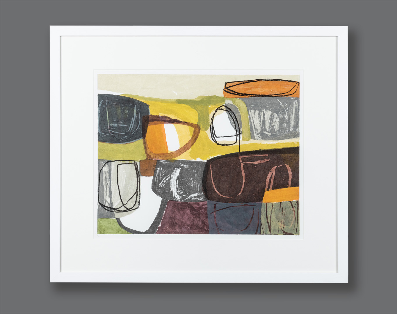 Autumn Hillside, monoprint by Louise McNiff, framed