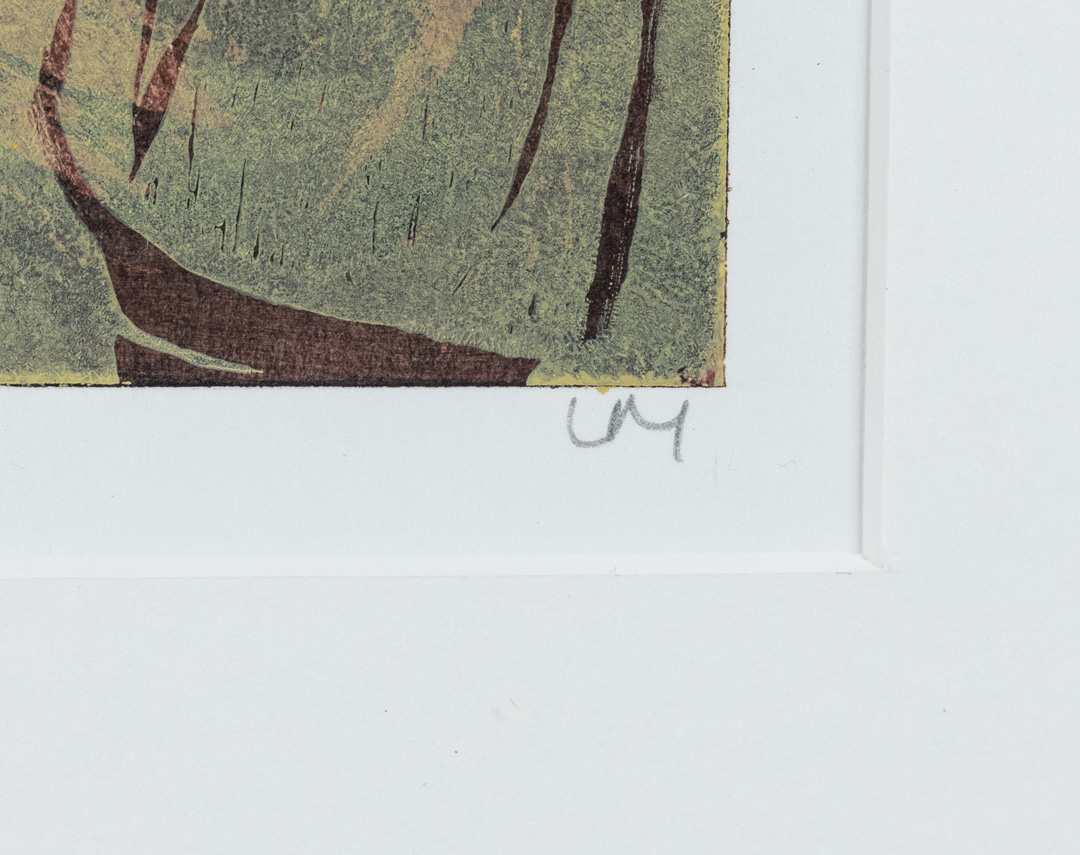 Signed detail of Autumn Hillside, monoprint by Louise McNiff.