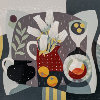 Clementines, limited edition (11/13) reduction linocut by Jane Walker ARE