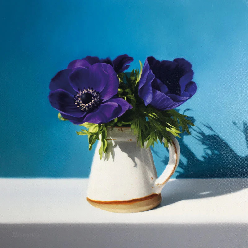 Purple Anemones in a stoneware jug, greeting cards by Linda Alexander ROI