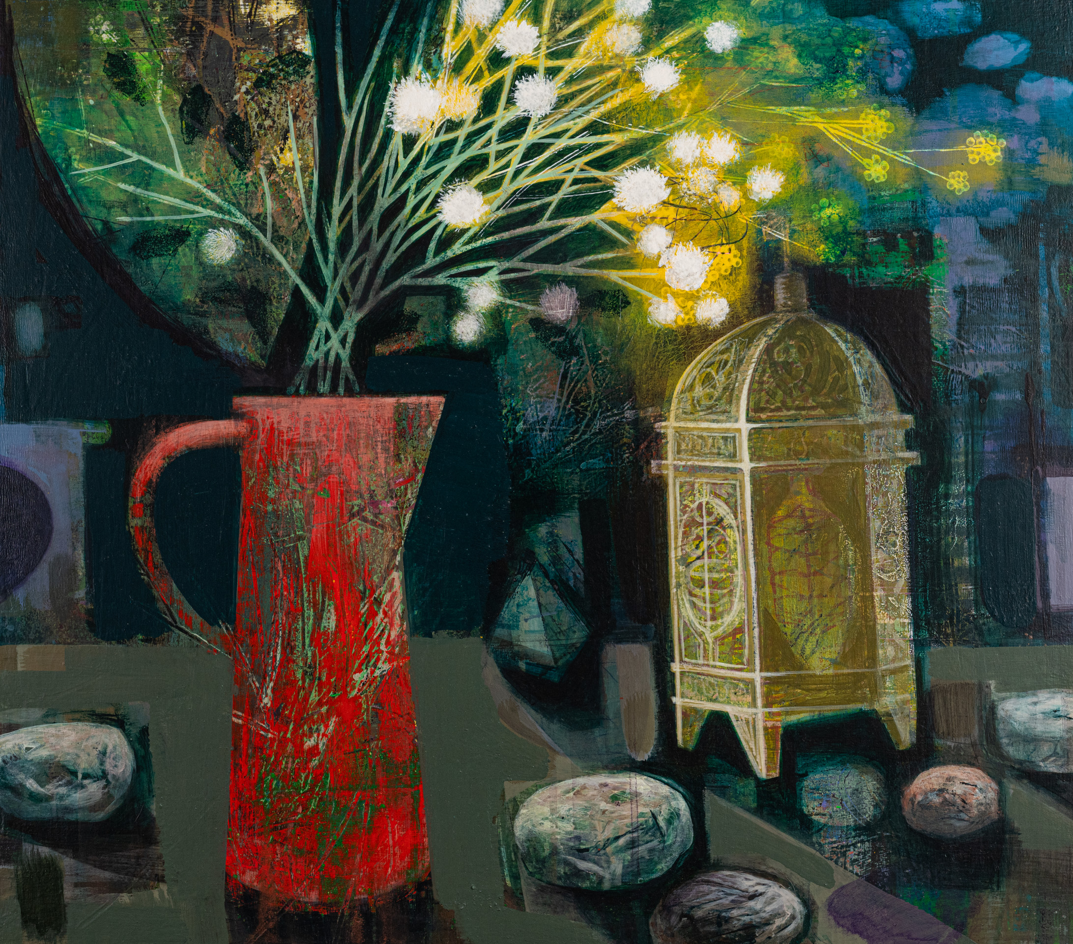 Night Still Life with Stones, acrylic and collage by Tom Wood