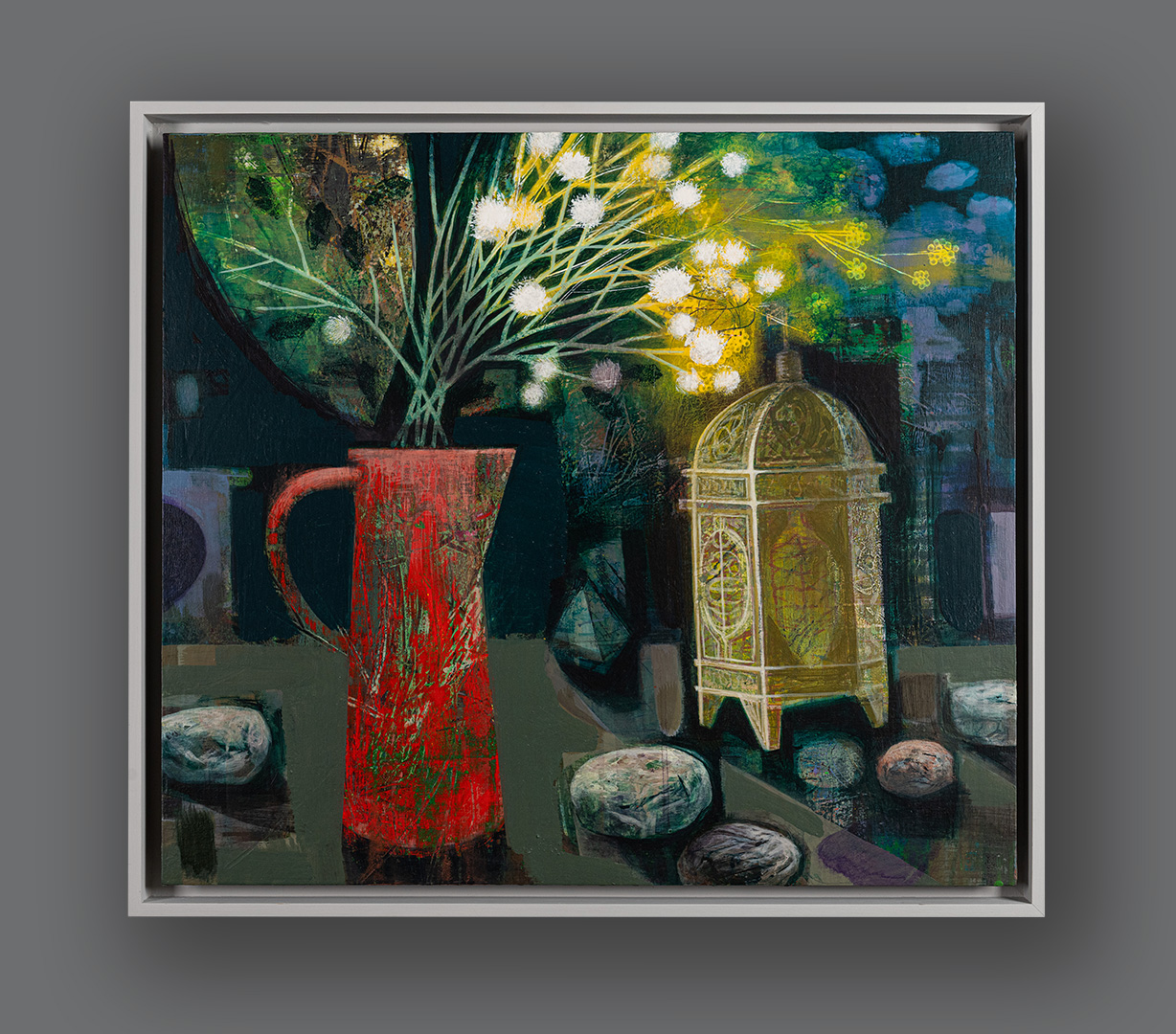 Night Still Life with Stones, acrylic and collage by Tom Wood, framed