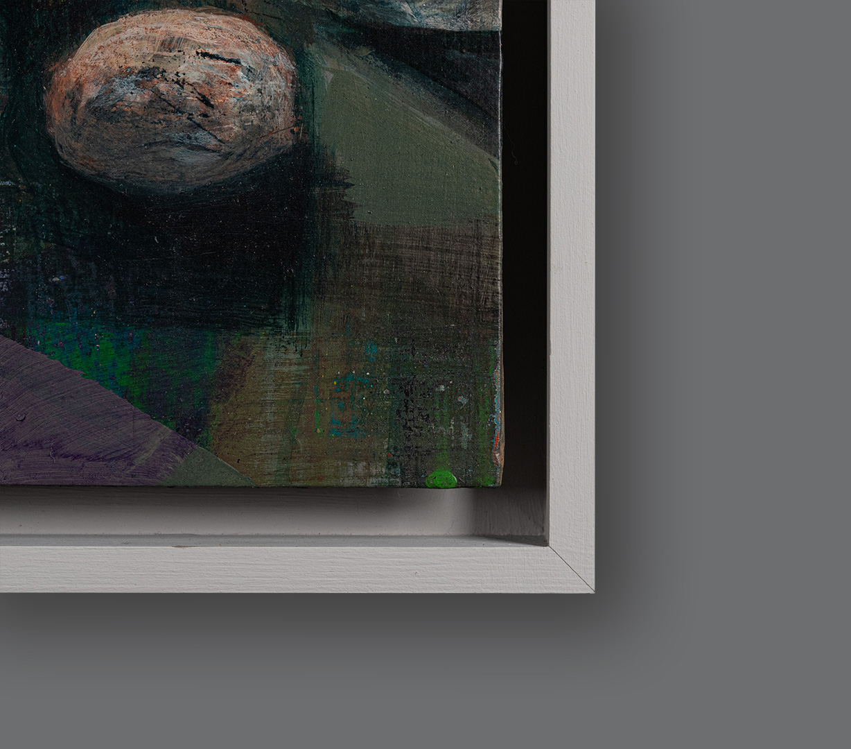 Framed detail of Night Still Life with Stones, acrylic and collage by Tom Wood