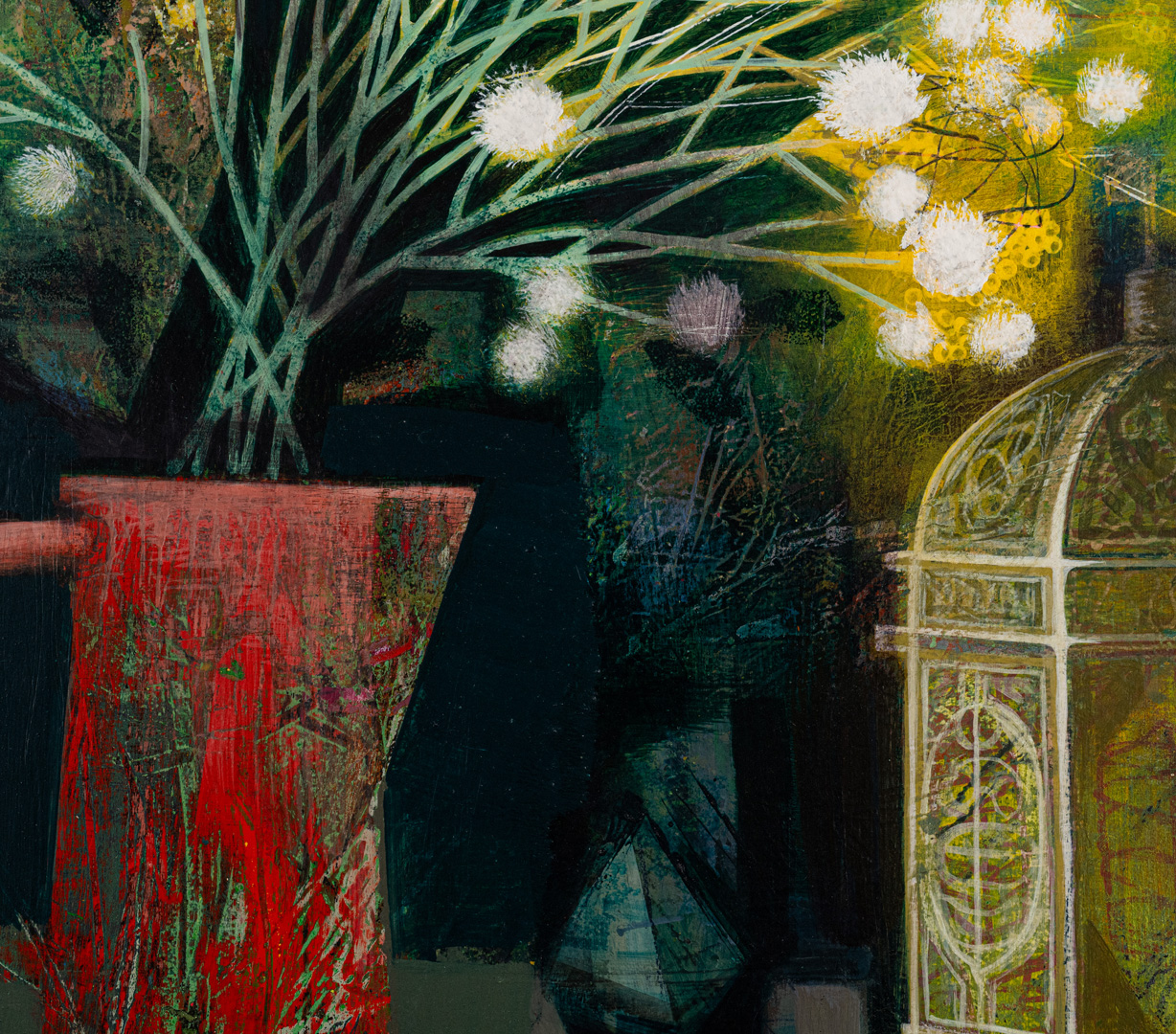 Detail of Night Still Life with Stones, acrylic and collage by Tom Wood