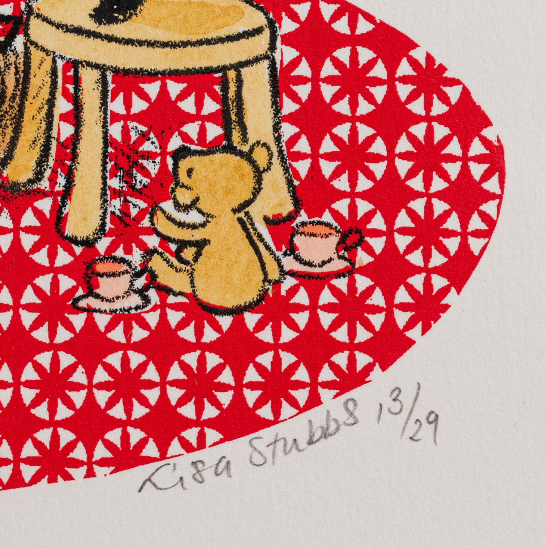Signed detail of Tea Bear?, limited edition screen-print by Lisa Stubbs.