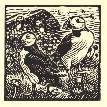 Puffins, limited edition linocut by Richard Allen SWLA