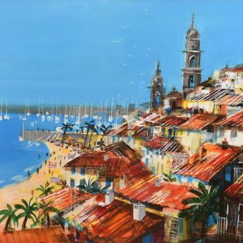 Rooftops of Menton by Mike Bernard RI, mixed media