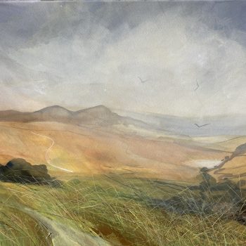 Above Lainger Farm, a hazy day in late Summer looking towards Flasby and Winterburn. Watercolour, acrylic, pastel and collage on paper by Katharine Holmes