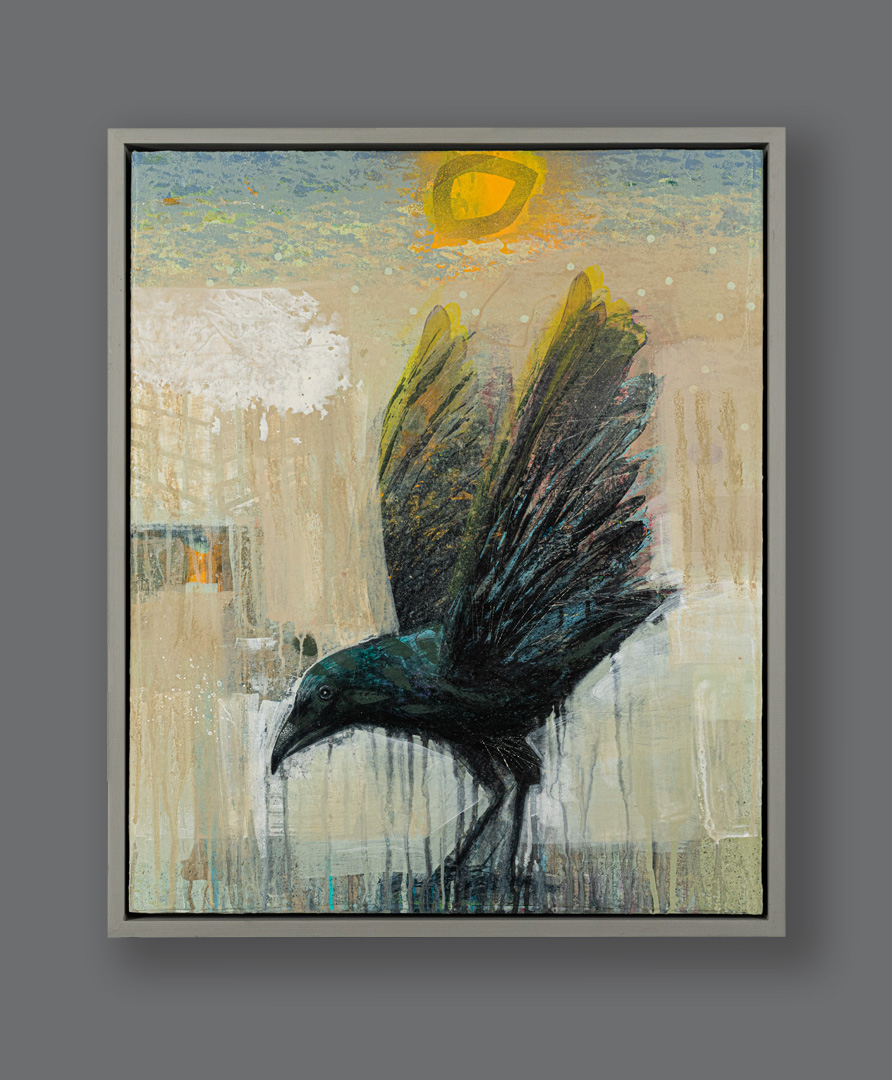 Foggy Day Visitor, mixed media on panel by Tom Wood, framed