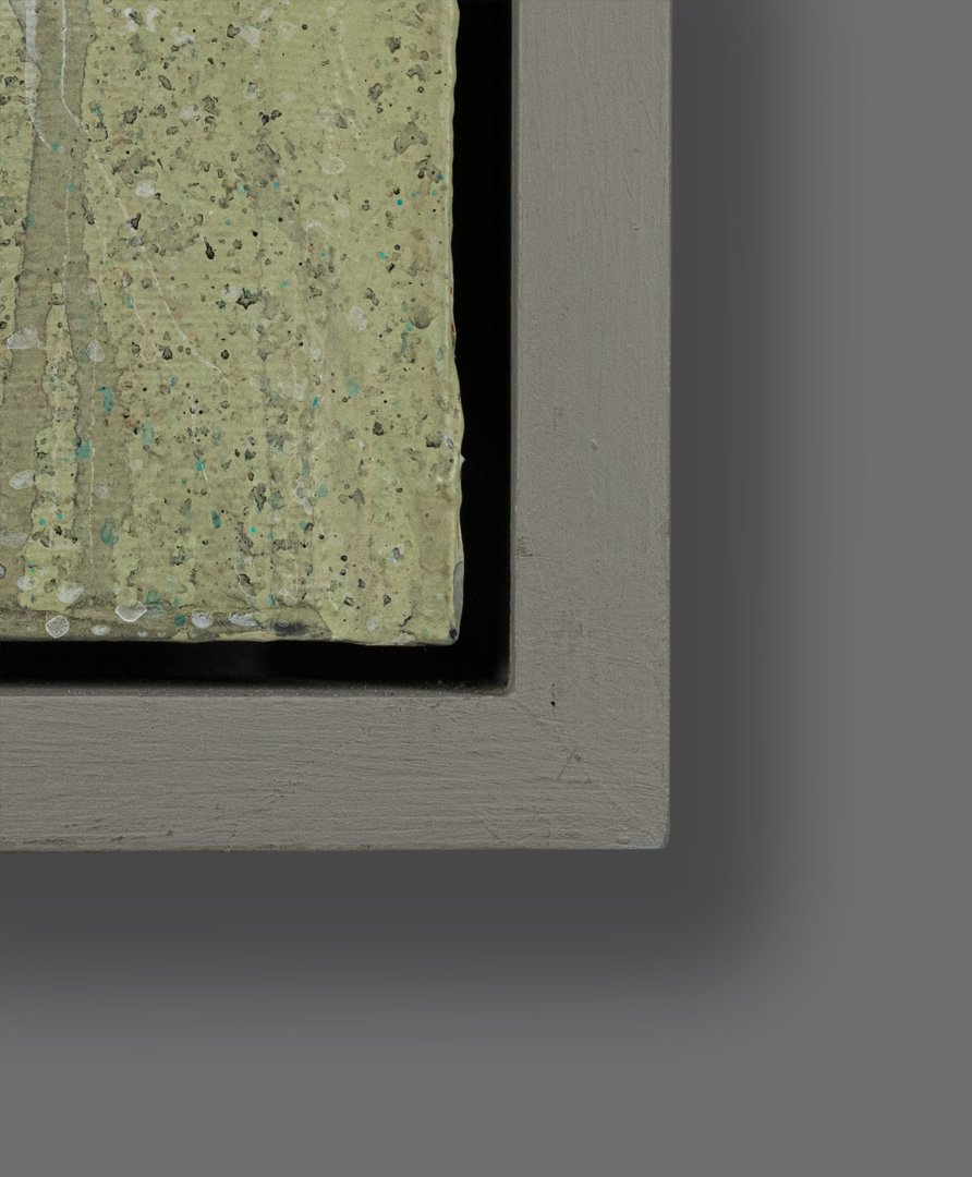 Framed detail of Foggy Day Visitor, mixed media on panel by Tom Wood