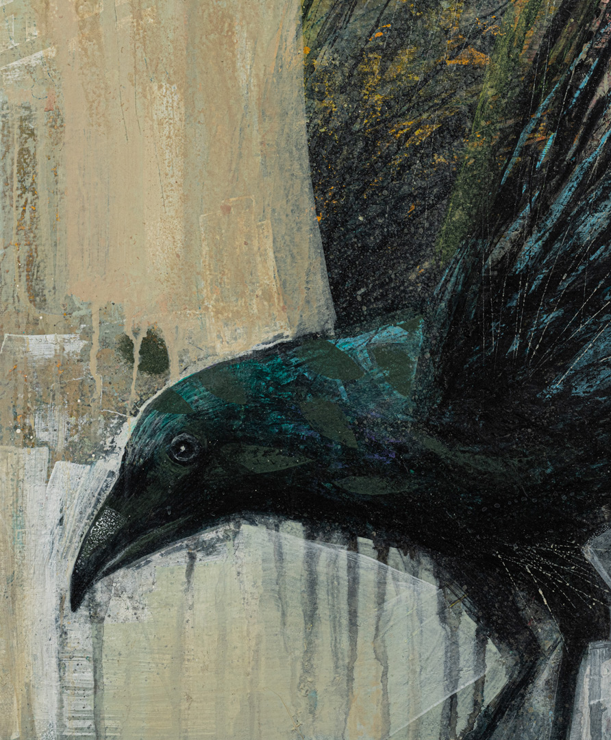 Detail of Foggy Day Visitor, mixed media on panel by Tom Wood