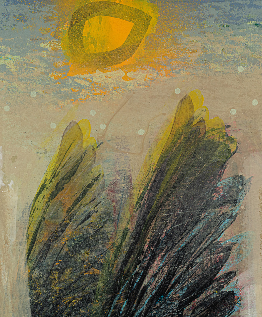 Detail 2 of Foggy Day Visitor, mixed media on panel by Tom Wood