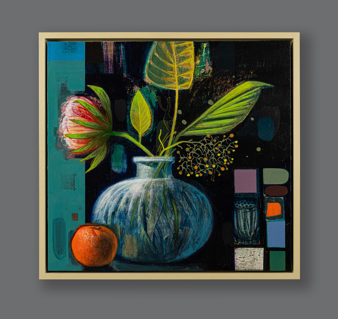 Roman Vase and Mosaic, mixed media painting by Tom Wood, framed