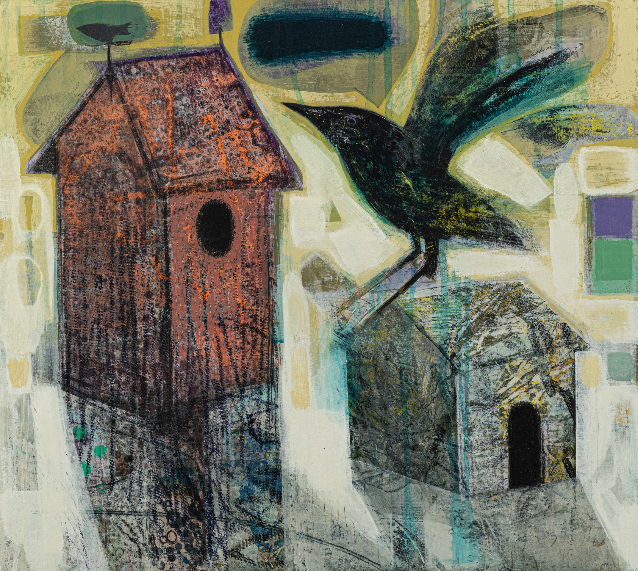 Two Houses and a Bird, original painting by Tom Wood