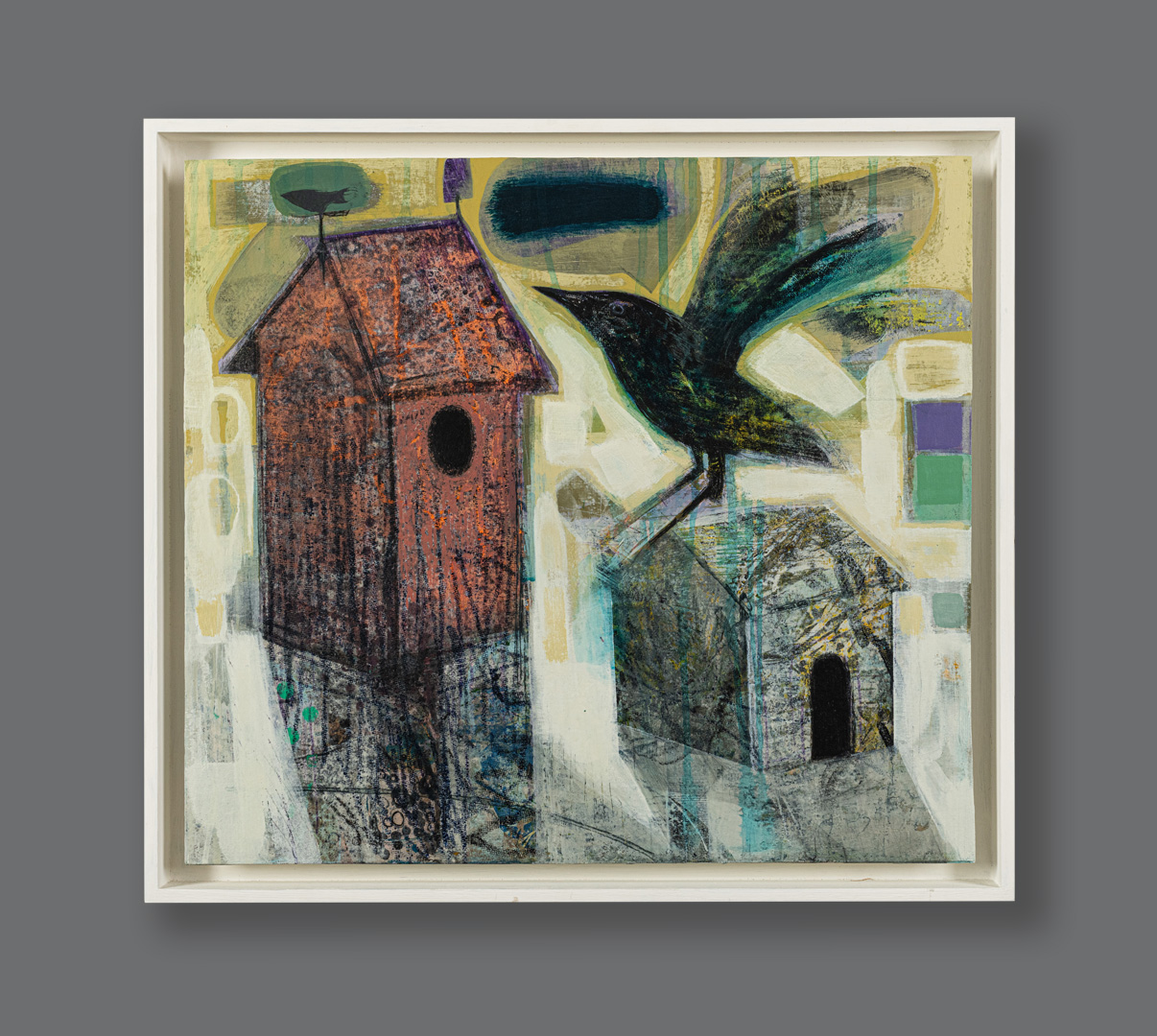 Two Houses and a Bird, original painting by Tom Wood, framed