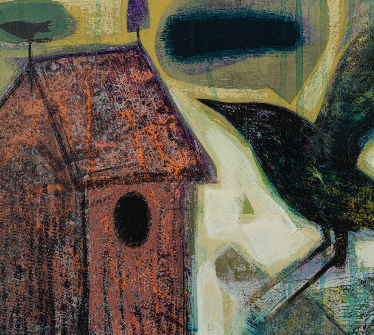 Detail of Two Houses and a Bird, original painting by Tom Wood