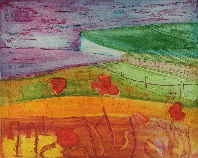 Summer Cornfields, limited edition etching by Louise Davies RE