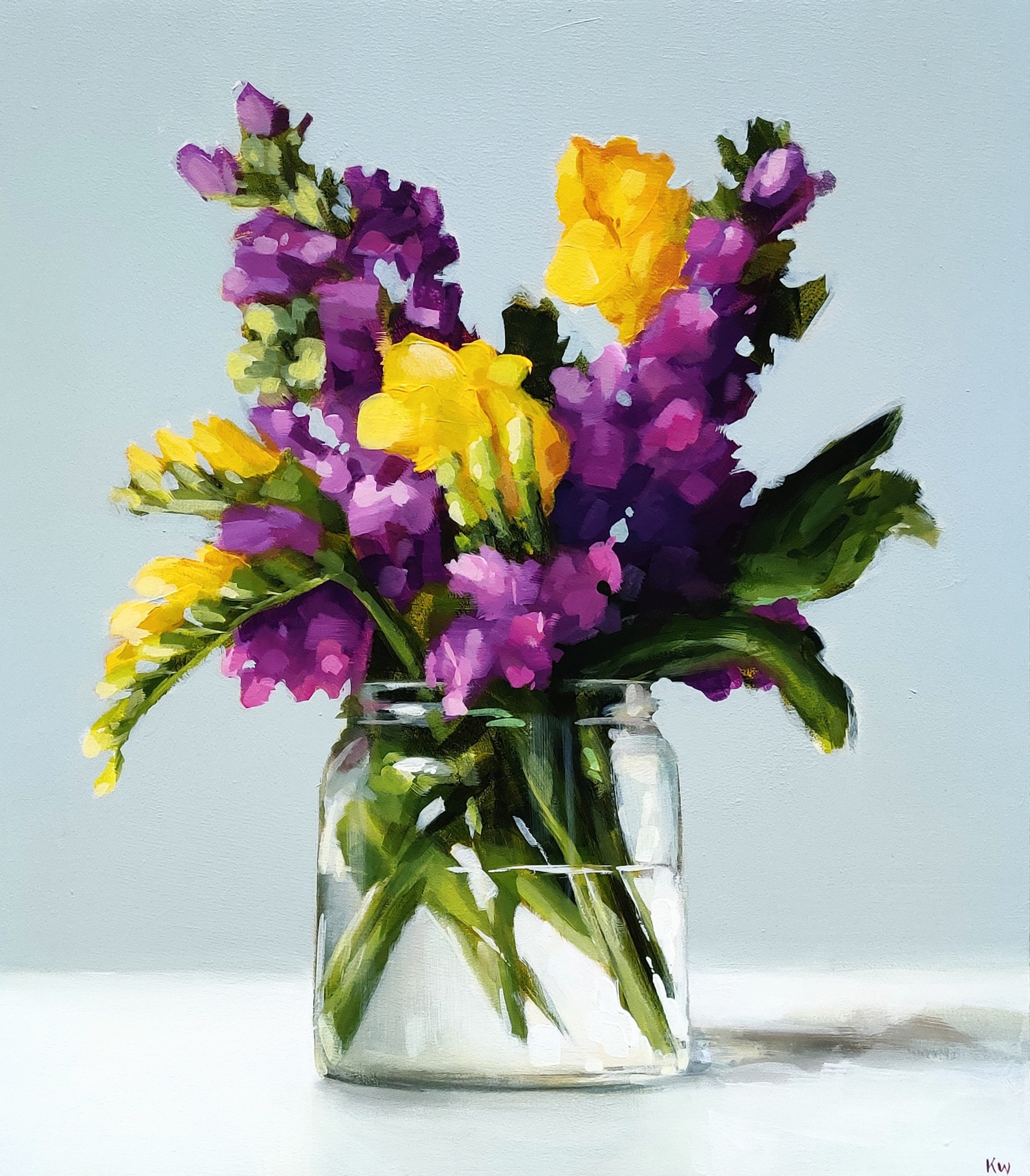 Freesias and Stocks, original painting by Kirsty Whyatt