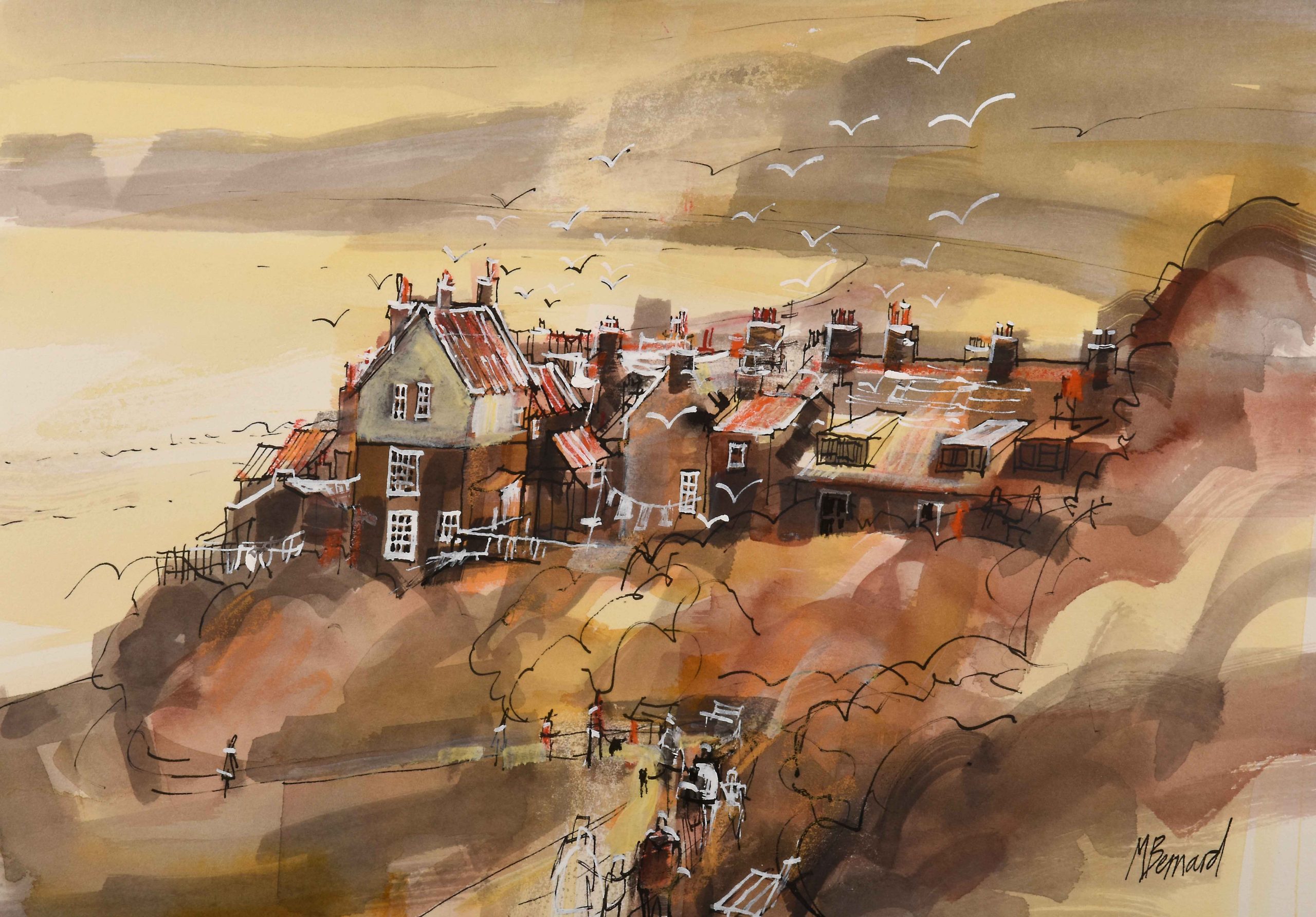 Robin Hoods Bay, original mixed media painting by Mike Bernard RI