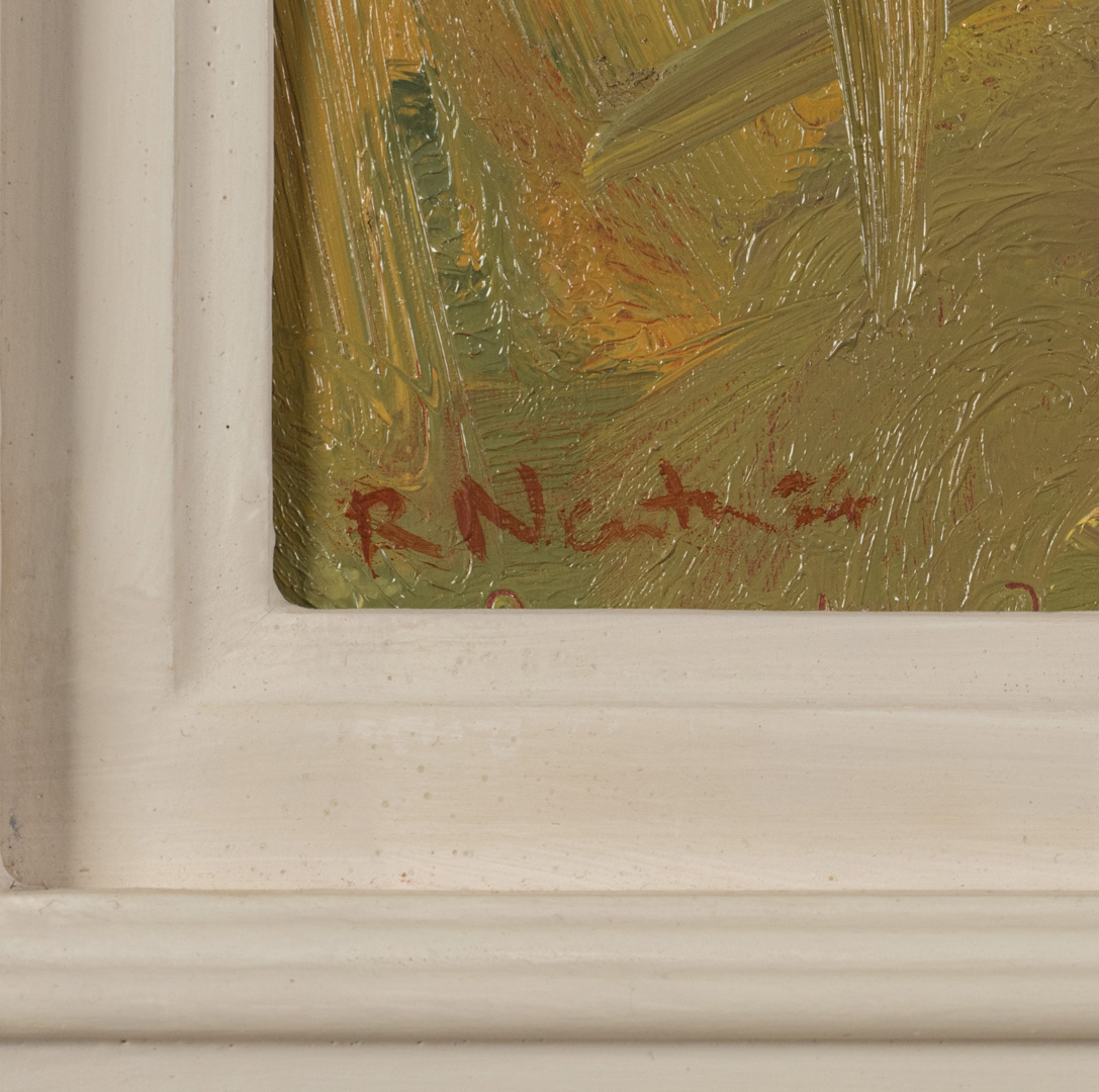 Signed detail of A Path in August, oil painting by Robert Newton